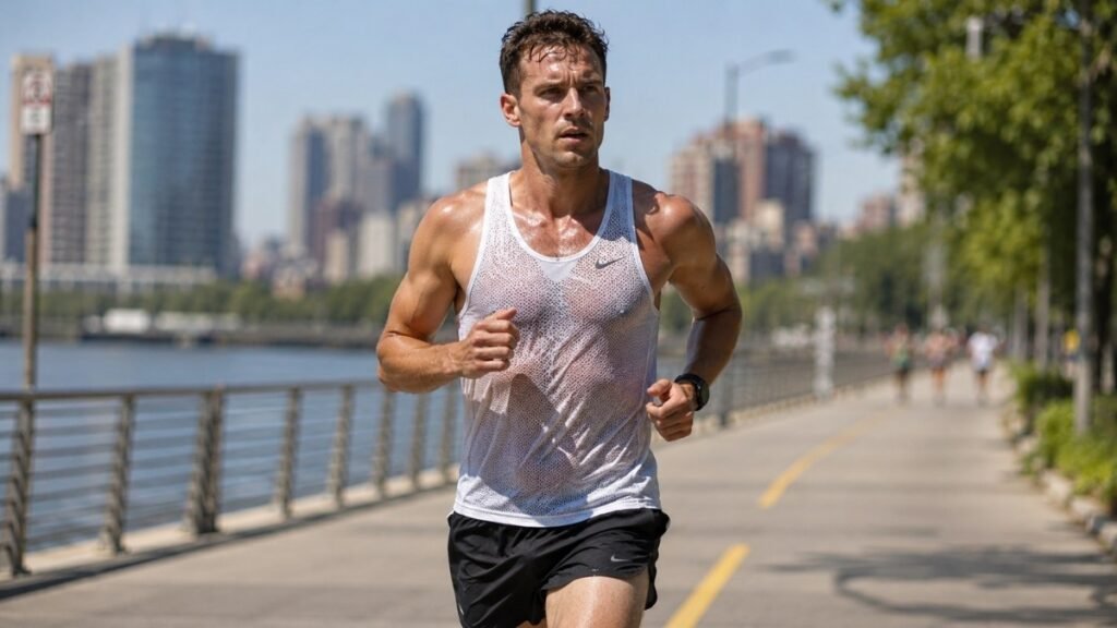 Man running in a lightweight singlet and shorts during hot humid weather