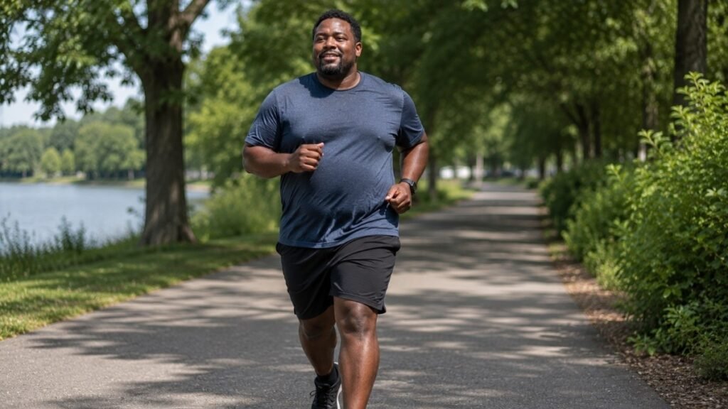 Larger-build man wearing a comfortable relaxed-fit running outfit