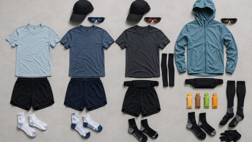 Flat lay showing four gear groupings from minimal 5K kit to full marathon setup showing how gear needs increase with distance