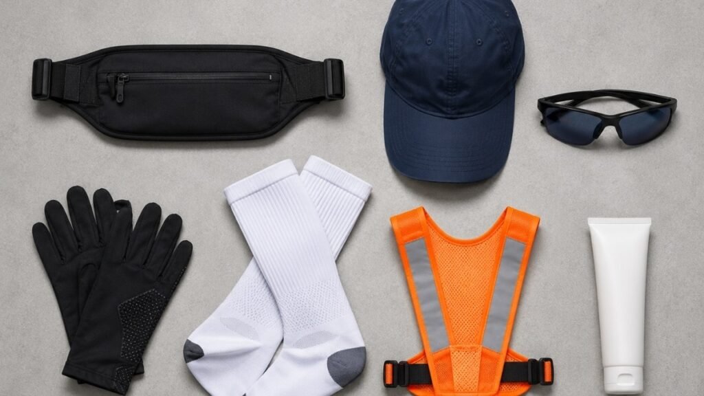 Flat lay of key men's running accessories including belt hat sunglasses gloves compression socks and reflective vest