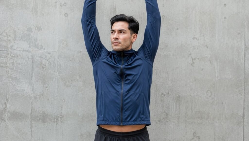 Male runner with arms raised overhead showing running jacket sleeve length and hem staying in position for proper running fit