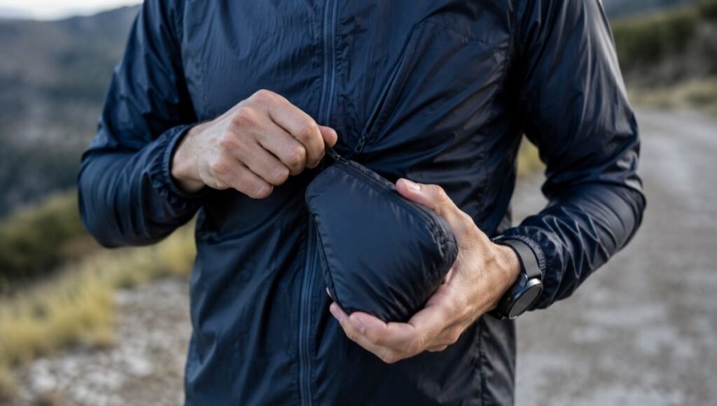 Male runner's hands showing a lightweight running jacket packed into its own pocket to compact size fitting in one hand