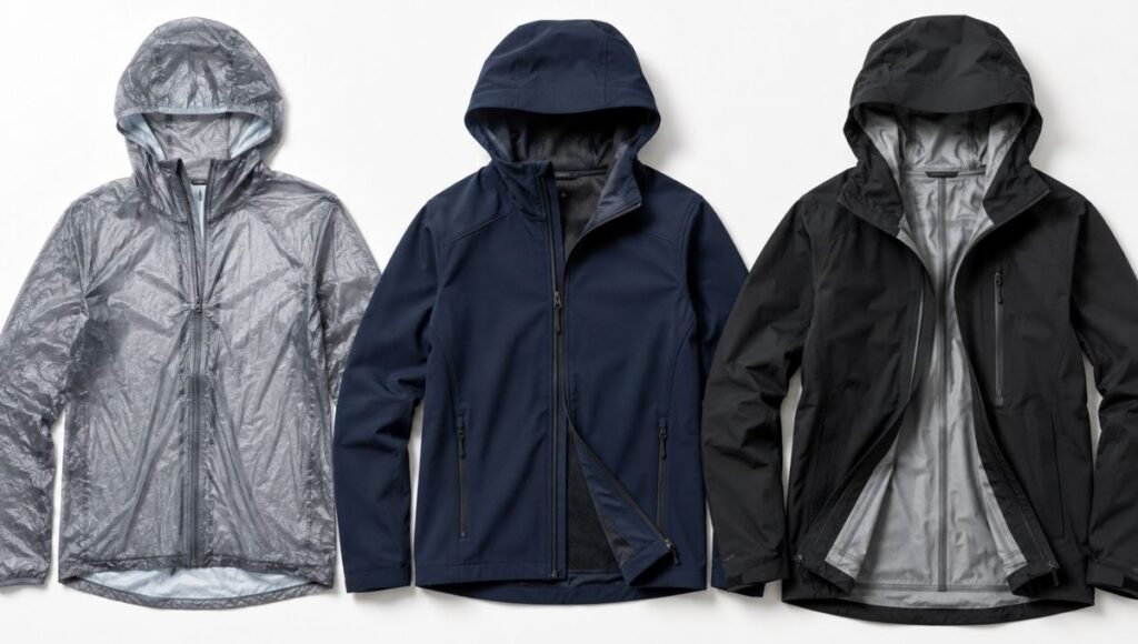 Flat lay of three men's running jackets showing windshell softshell and fully waterproof membrane jacket side by side