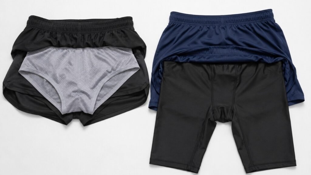 Flat lay comparison of men's running shorts showing brief liner construction on left and compression liner extending down thigh on right
