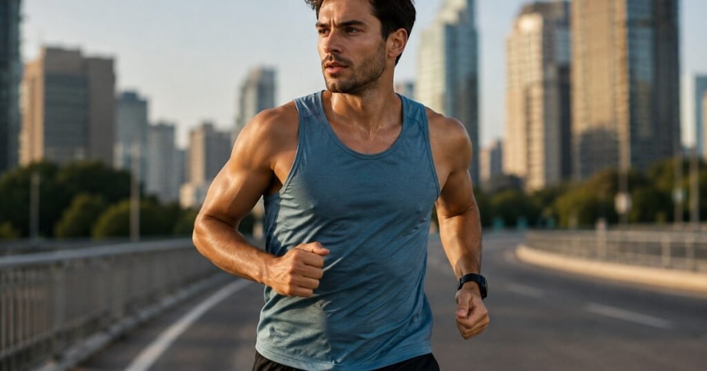 Male runner wearing a lightweight men's running singlet during an early morning run