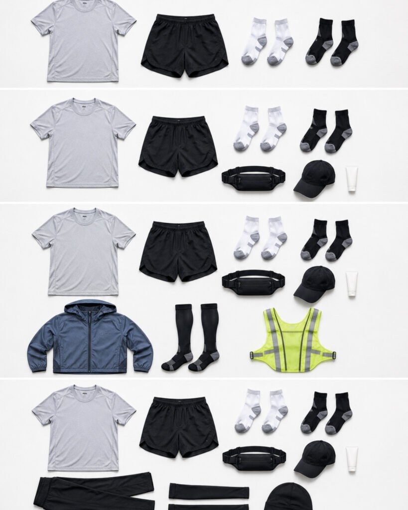 Organized flat lay showing men's running wardrobe build stages from essential shirt shorts socks to advanced seasonal gear