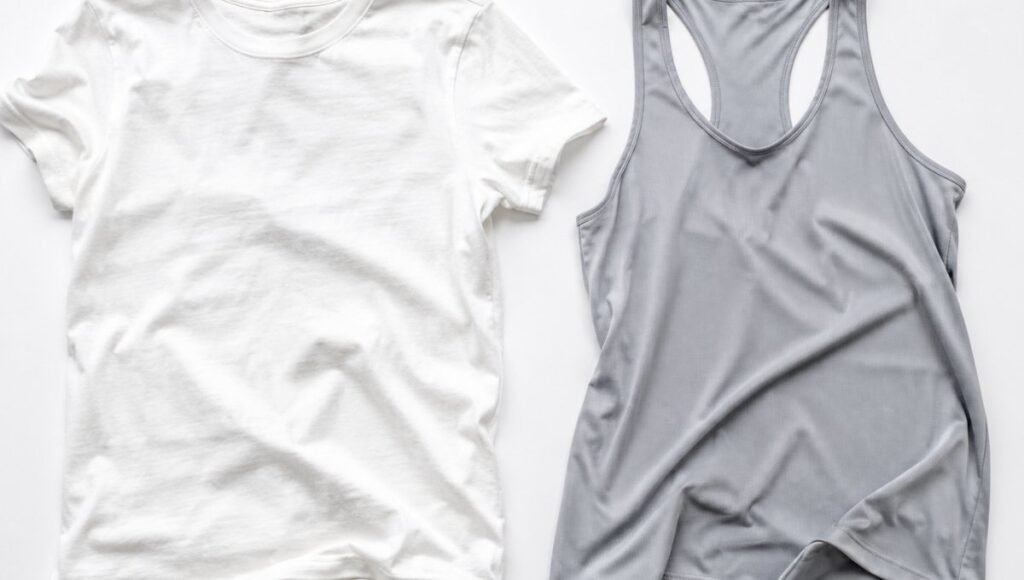Flat lay comparison of a heavy cotton athletic shirt showing sweat absorption versus a lightweight technical running top staying dry