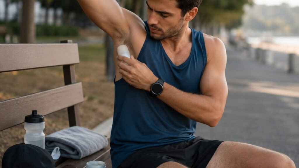 Runner applying anti-chafe balm before wearing a running singlet on a long run