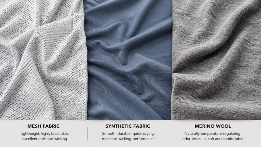 Fabric swatches comparing mesh, technical synthetic, and merino wool running fabrics