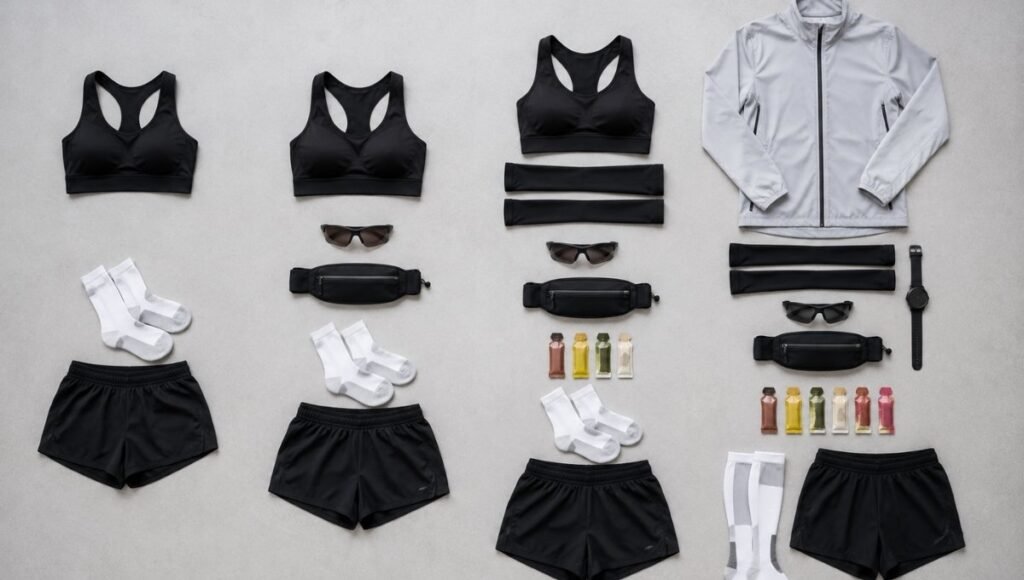 Flat lay showing four groupings of running gear arranged by distance from minimal 5K kit to full marathon gear setup