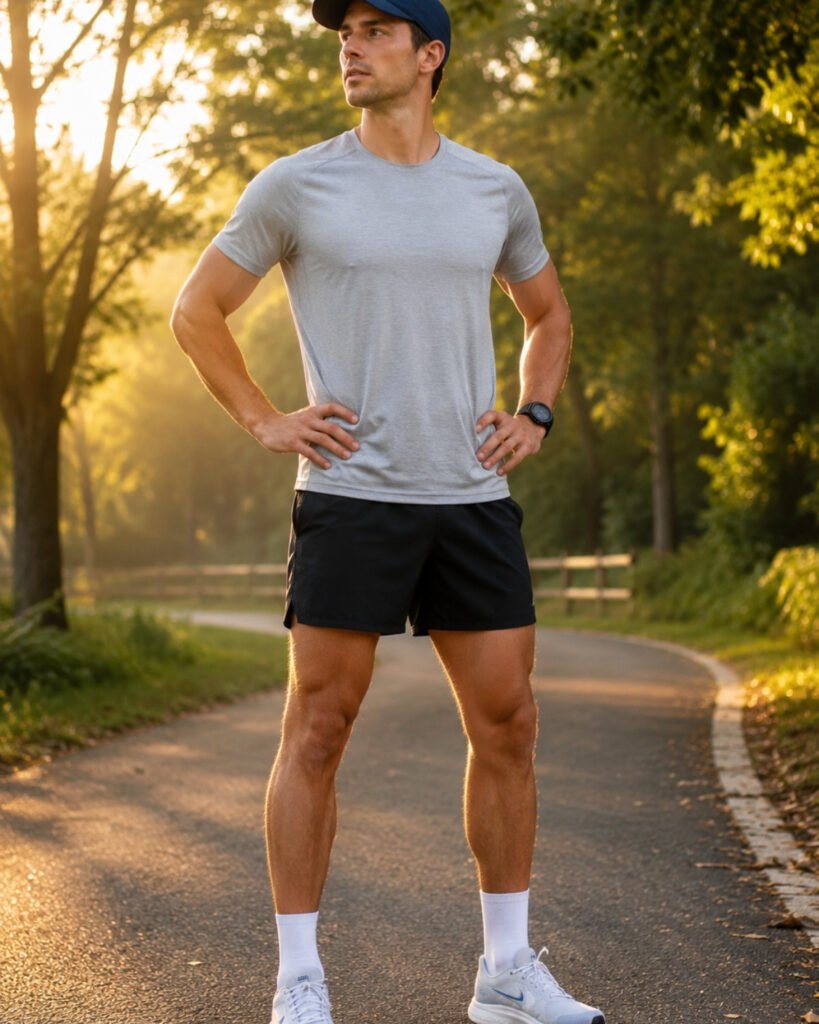 Athletic man in a complete running kit including technical shorts shirt socks and cap ready for a training run