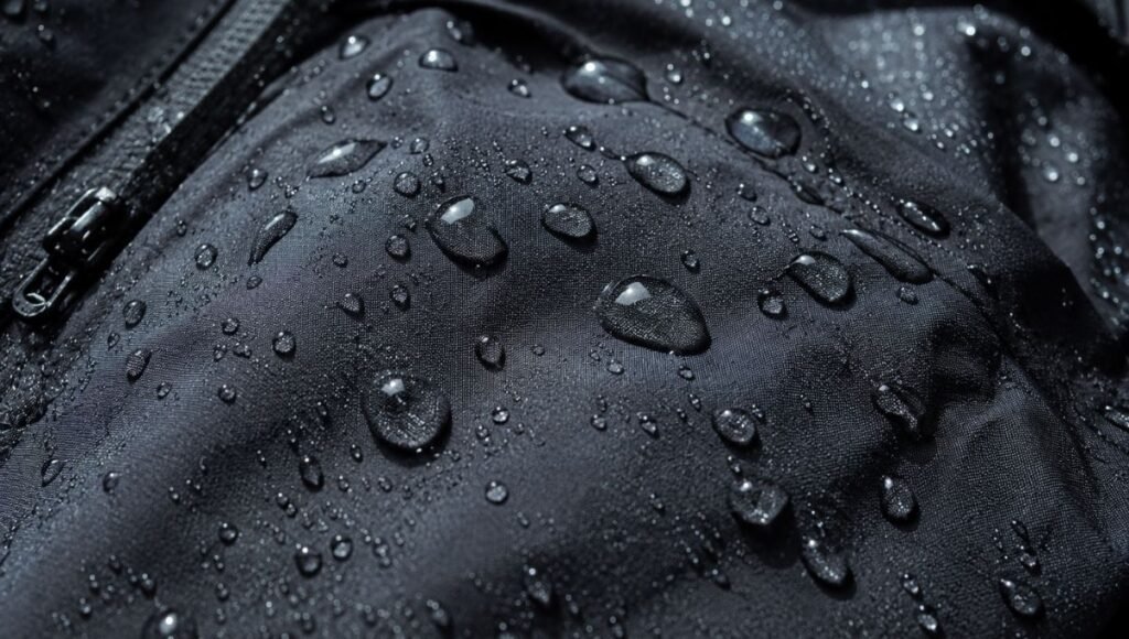 Close-up of water beading off a running jacket fabric surface showing waterproof membrane performance in rain