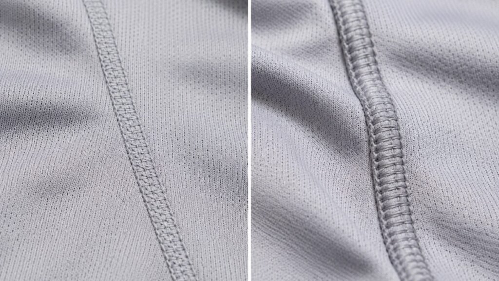 Close-up macro comparison of flatlock seam lying flat versus raised standard seam on interior of running shirts