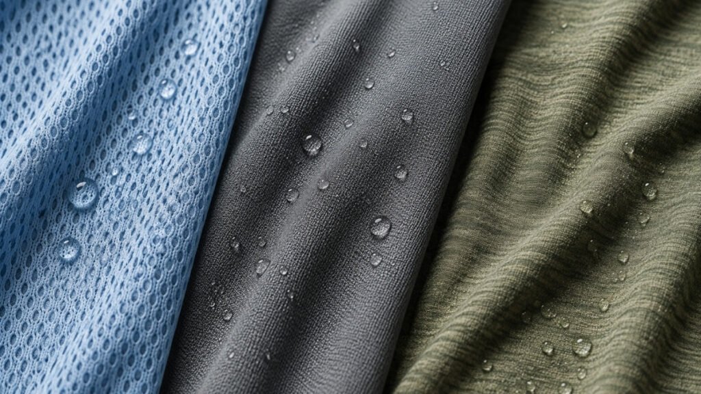 Micro-mesh polyester, performance polyester, and merino blend running fabrics