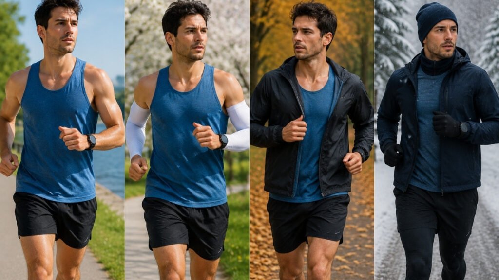 How to layer a men's running singlet in summer, spring, fall, and winter