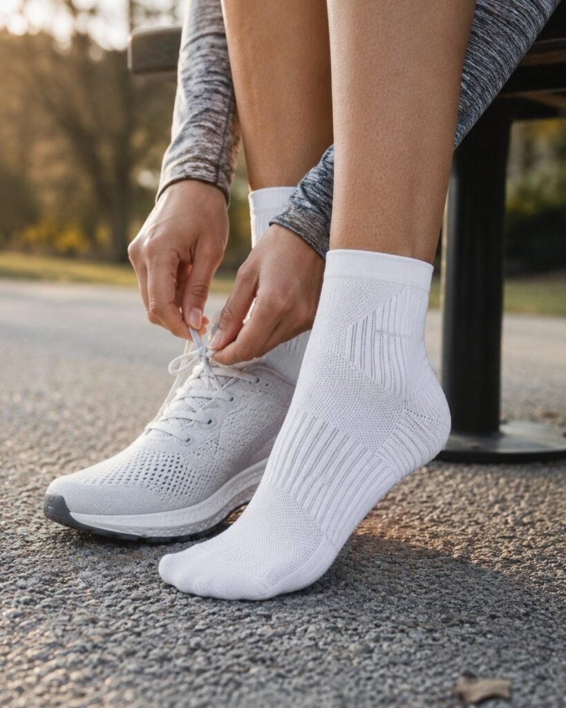Close-up of a woman's feet in technical running socks lacing up running shoes before a long run