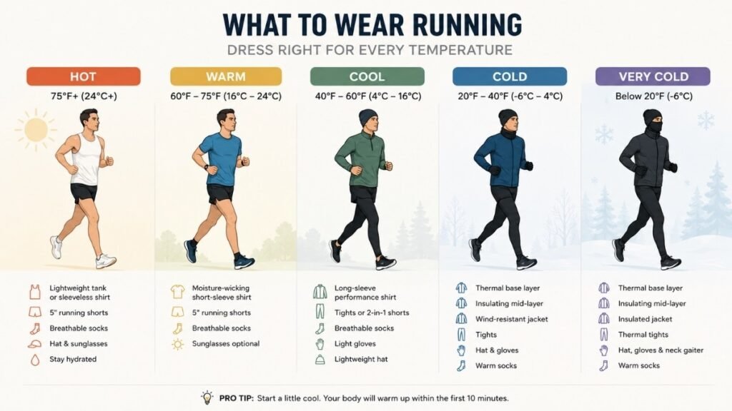 Visual guide showing recommended running outfits across different temperature ranges