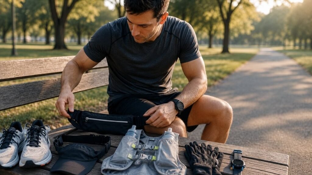 Male runner selecting practical running accessories before a training session