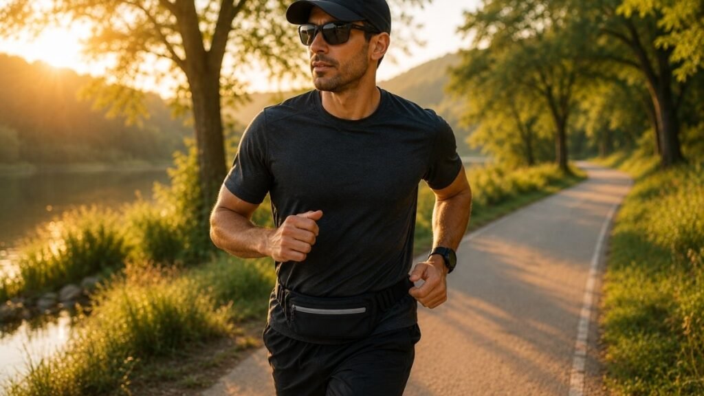 Confident male runner enjoying an early morning run with practical running gear