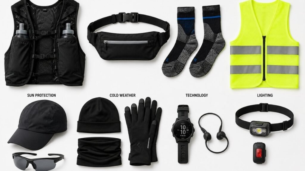 Essential running accessories grouped by category including hydration, socks, safety gear, and technology
