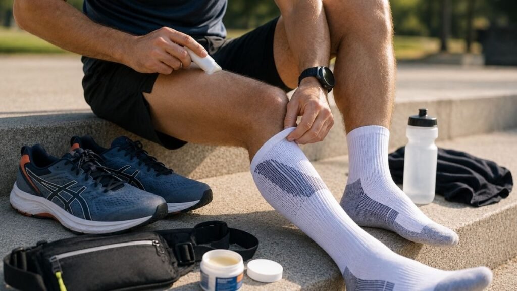 Runner applying anti-chafe balm and wearing moisture-wicking running socks before a run