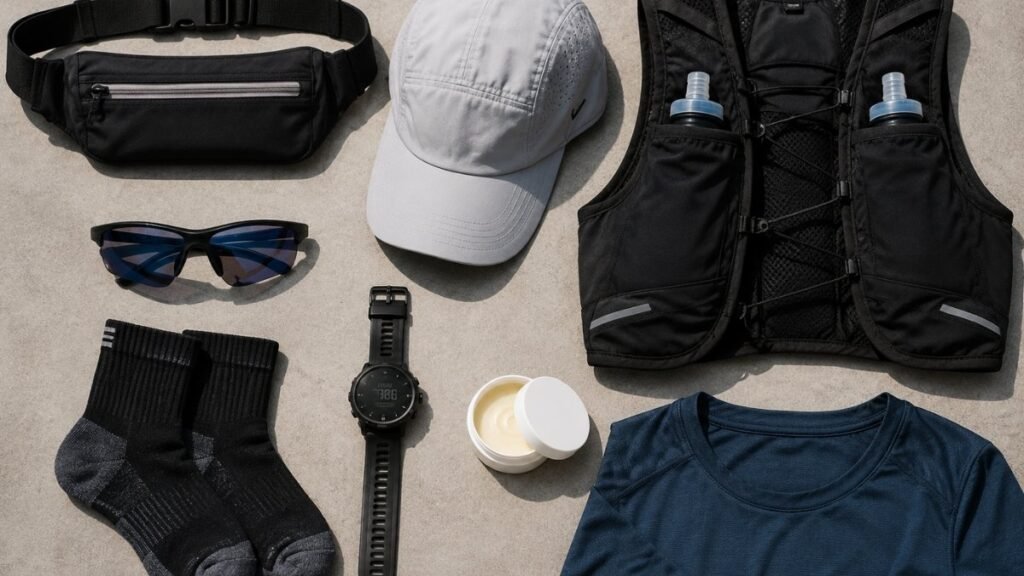 Essential running accessories for men including a running belt, cap, sunglasses, socks, and hydration gear