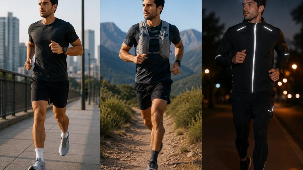 Runner wearing different gear for everyday, long-distance, and night running